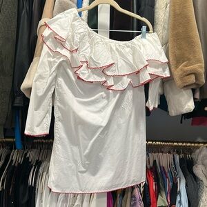 Off the shoulder 3/4 length sleeve white mini dress